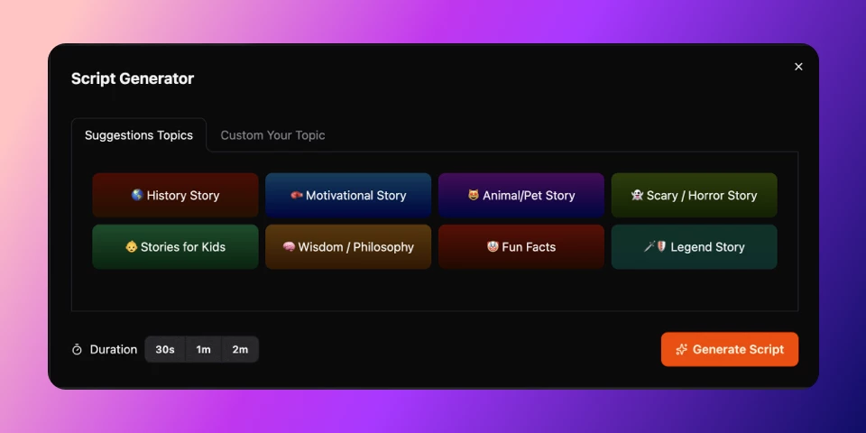 Generate a script with AI, choose a style, a voice and a background and get a video in seconds.