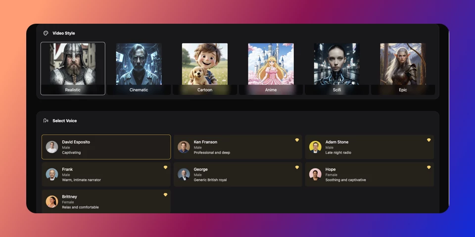 Pick a visual style and choose a voice that matches. Add auto-subtitles and background music.