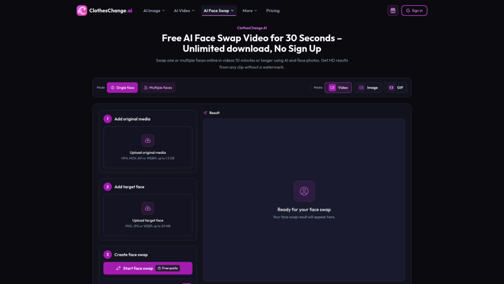 Clotheschange.ai - Free AI Video Face Swap screenshot
