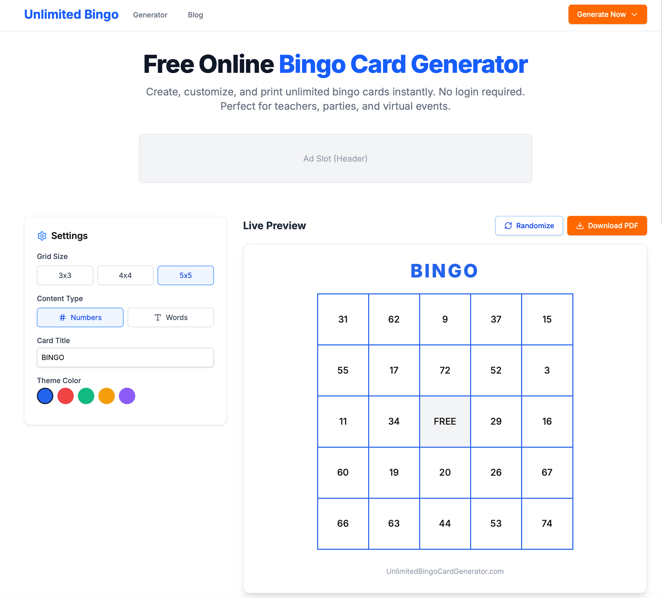 Unlimited Bingo Card Generator screenshot